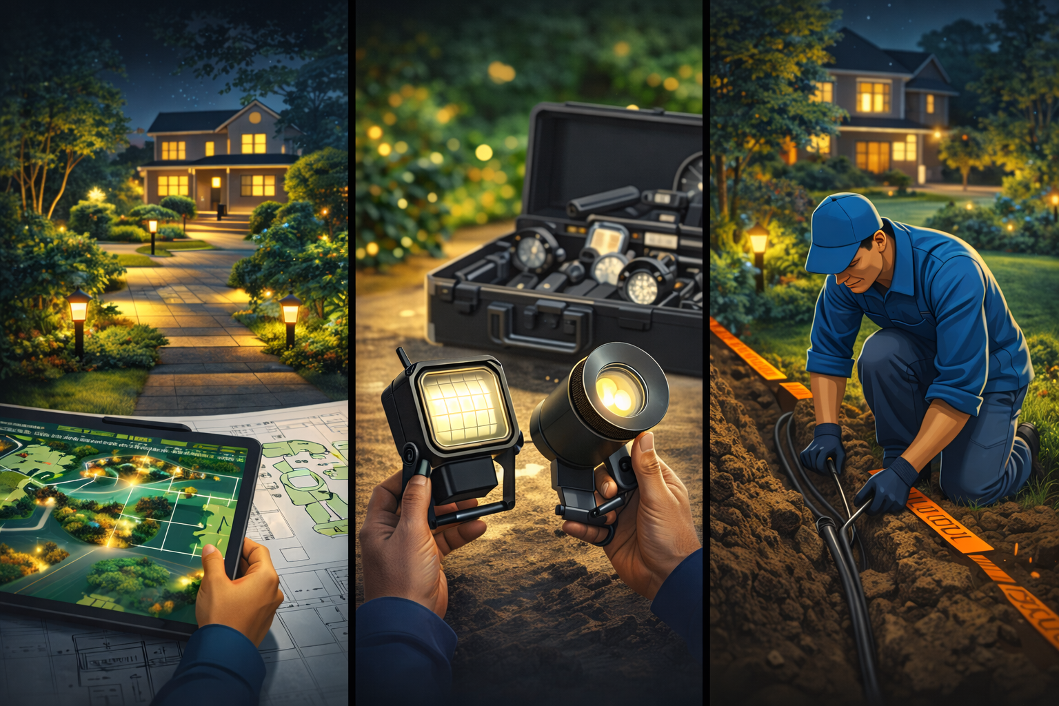 Этапы ландшафтного освещения под ключ: проект, подбор, монтаж, сервис